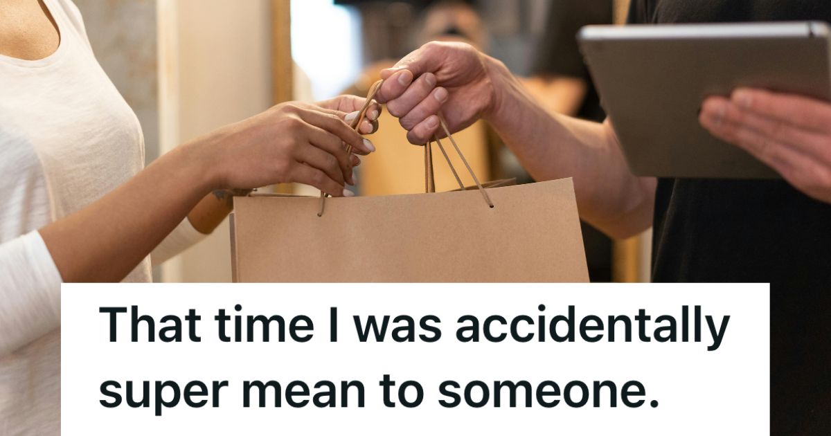 Cashier hands shopper a paper shopping bag