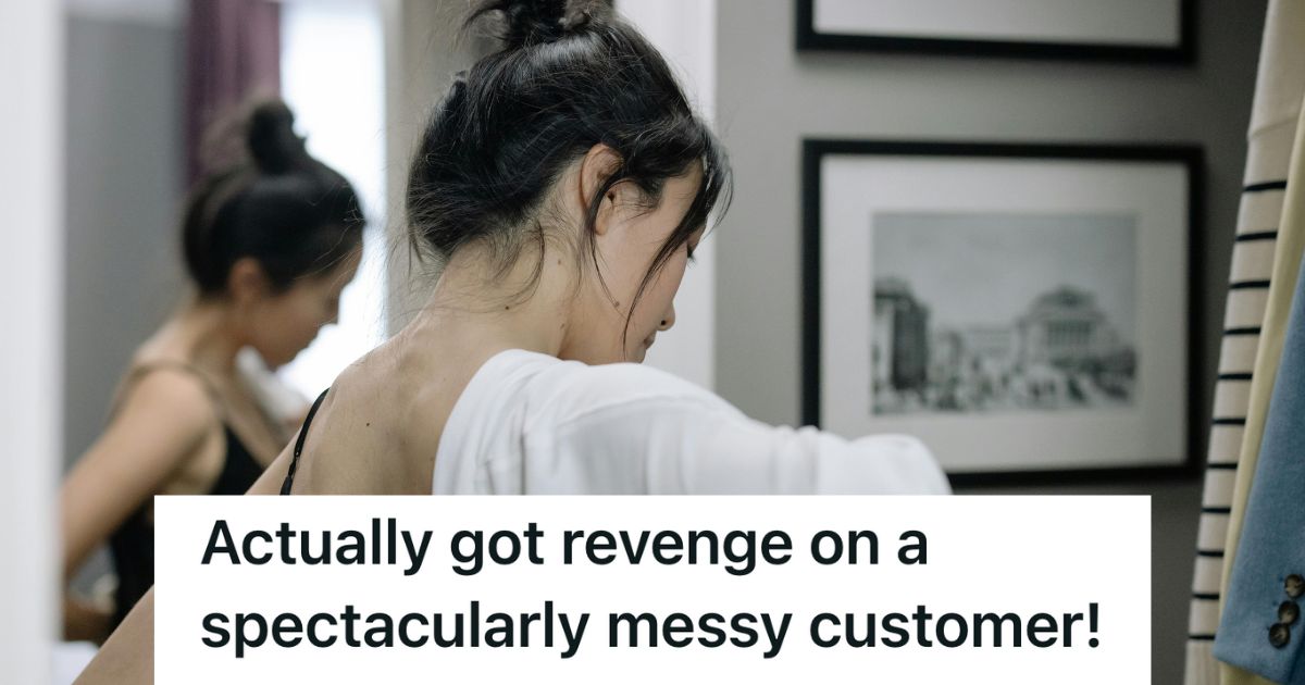 Woman in change room trying on a blouse