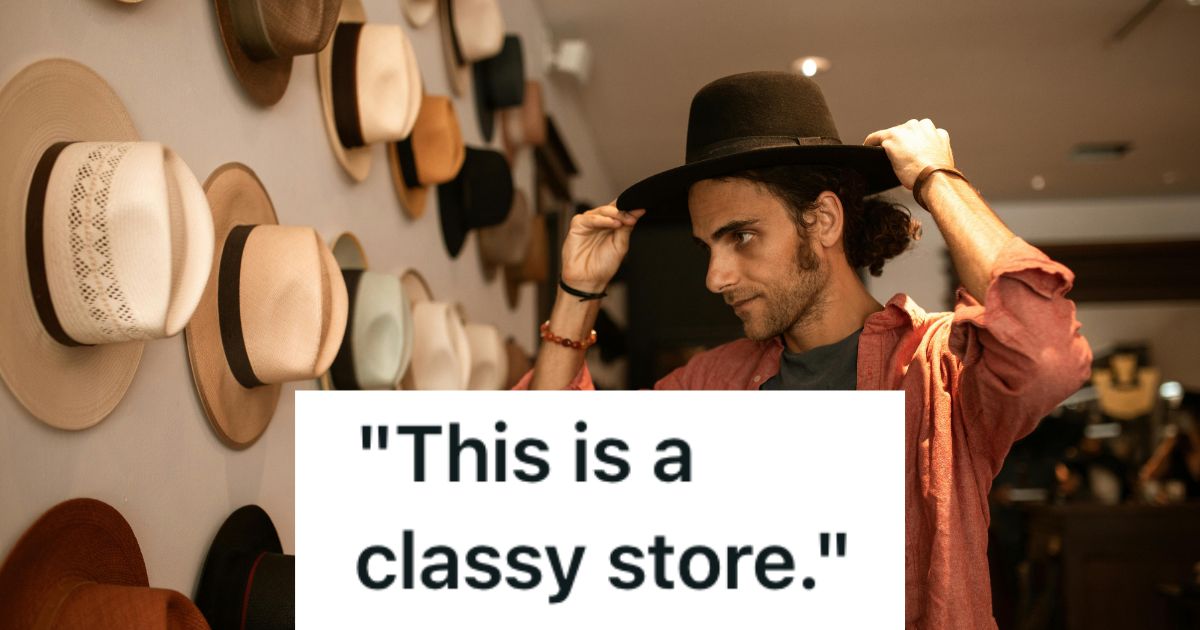 Man in hat shop trying on a hat