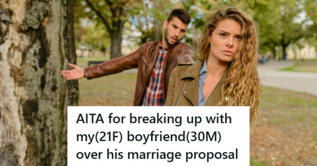 Woman and man in a park disagreeing about getting married