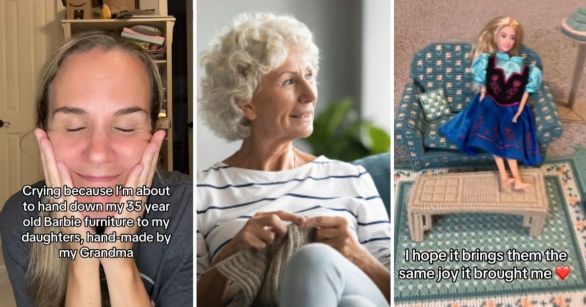Granddaughter playing with grandmas toys