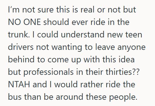 Trunk Coworkers Wanted Someone To Ride In The Trunk During Carpool Overflow, And When This Woman Refused, They Called Her “Inflexible”