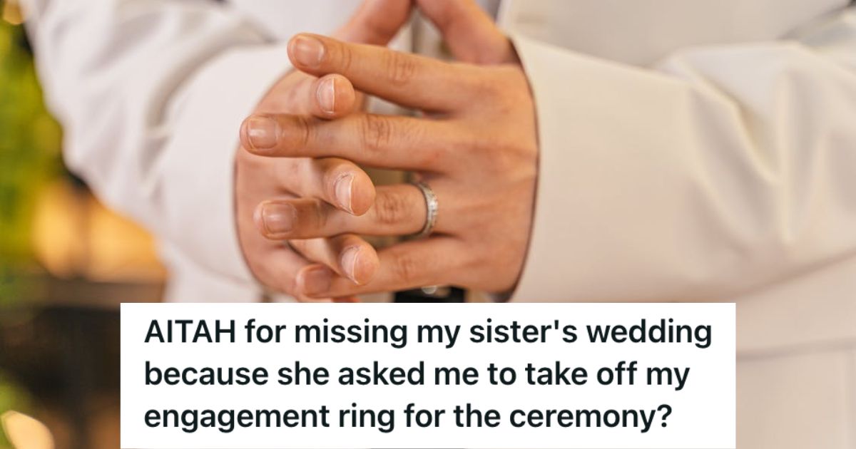 A person's hands slightly clasped together with a ring on his finger