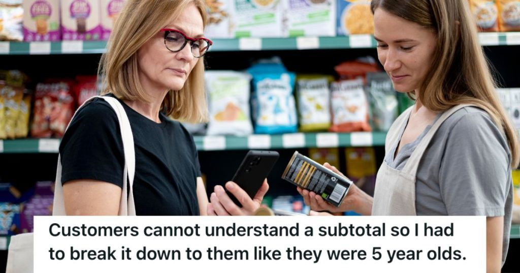 Women checking the prices of an item in a grocery store