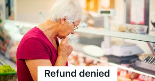 Old woman looking at the freezer of a grocery store