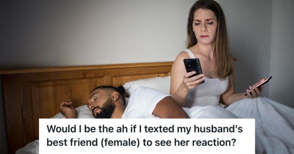 Man is sleeping while woman checks on his phone