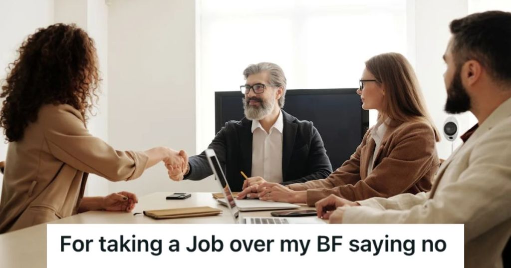 A panel job interview where the boss shakes the hands of the candidate