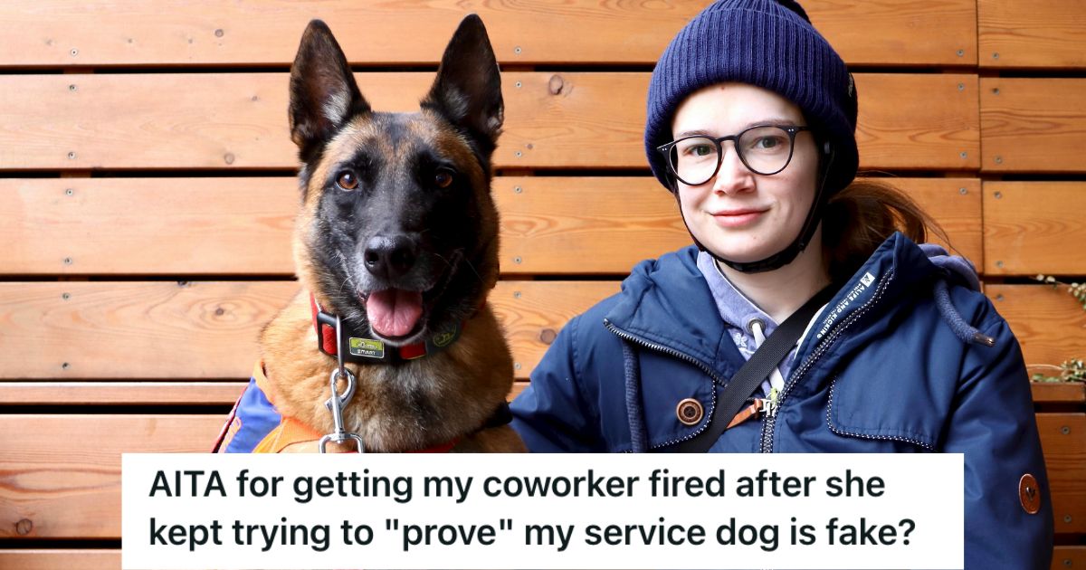 A woman sitting beside her service dog