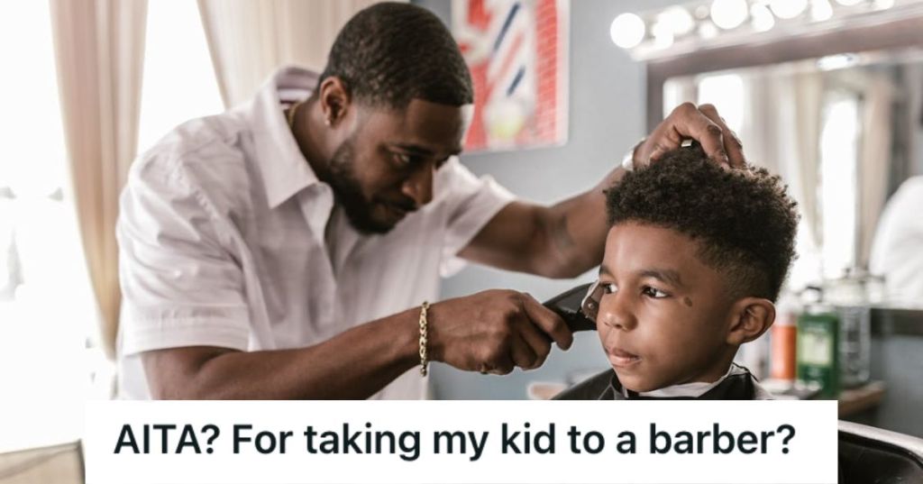 A barber shaving the hair of a little boy