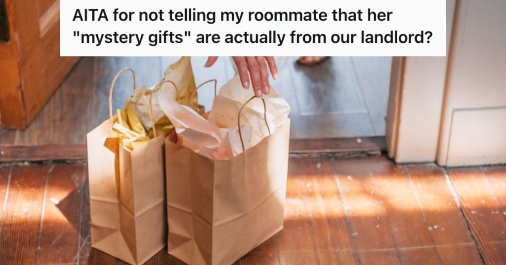 Person picking up paper bag gifts outside the door