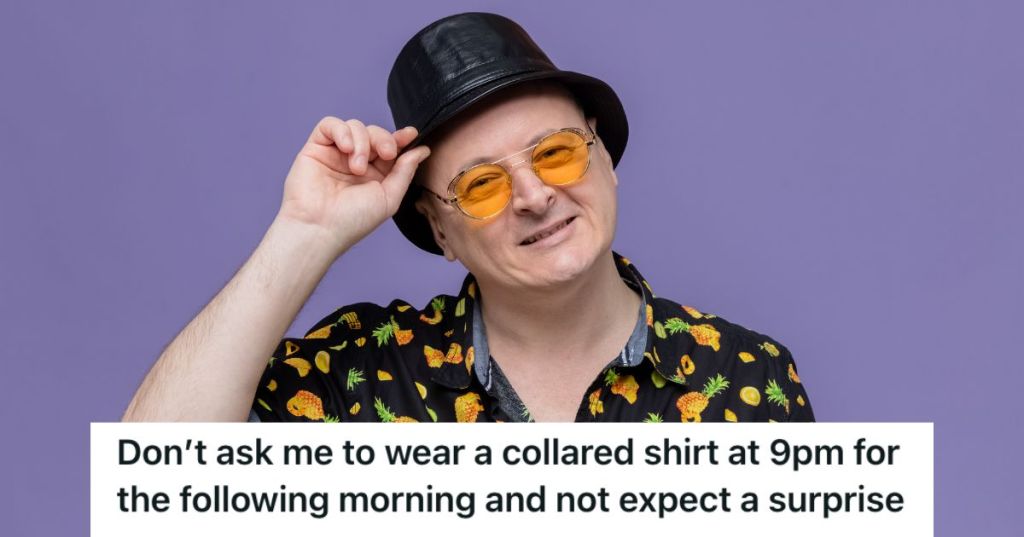 Funny man with black hat, orange eyeglasses, and a Hawaiian shirt