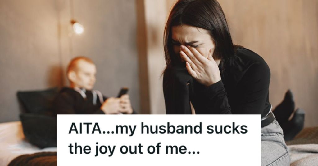 Woman crying while her husband is on the bed looking at his phone