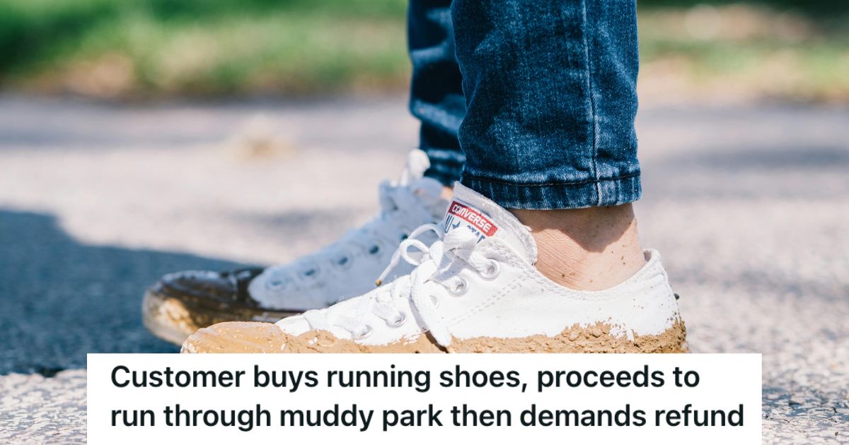 Person wearing muddy rubber shoes