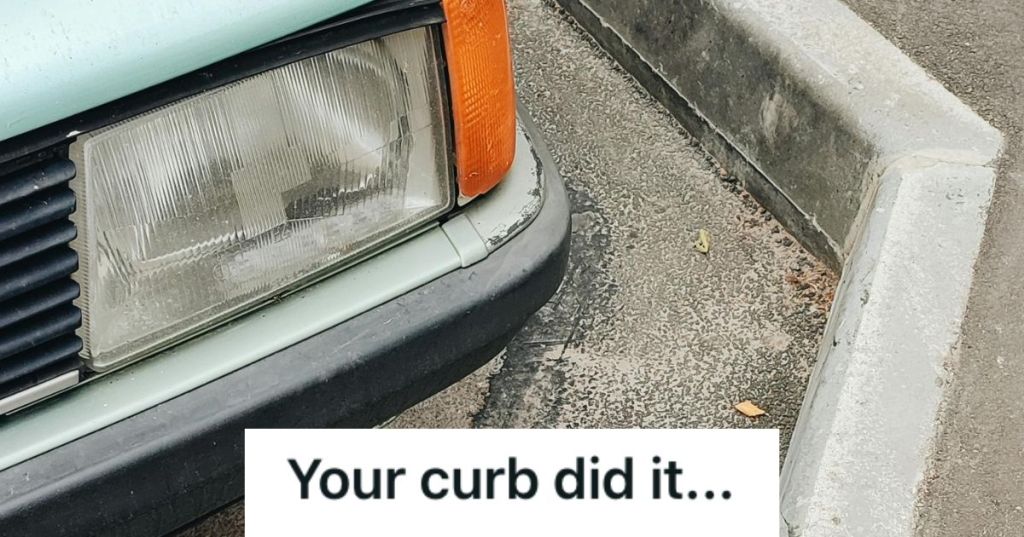 The front of a car hitting the curb