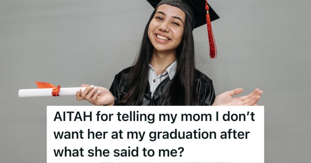 Woman in black graduation gown and hat happily holding a diploma