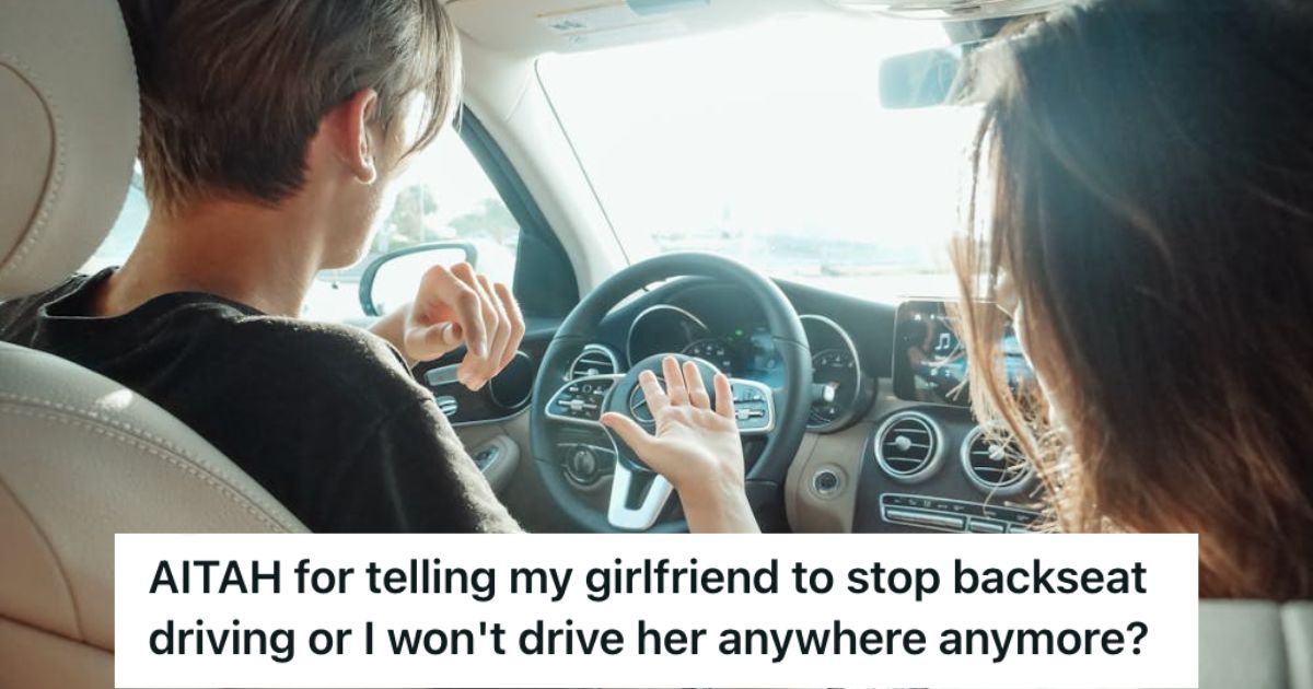 Man driving a car while woman gesturing someting to him with her hand