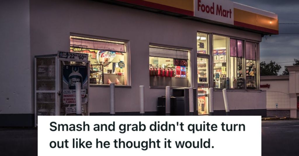 A food mart with a number of bollards in front of the store