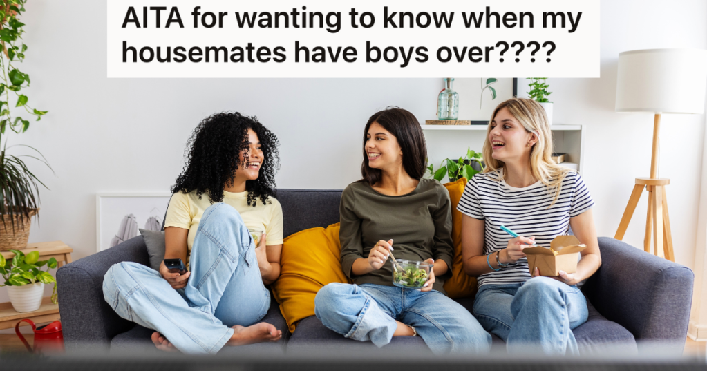 three happy female roommates sitting on a gray couch