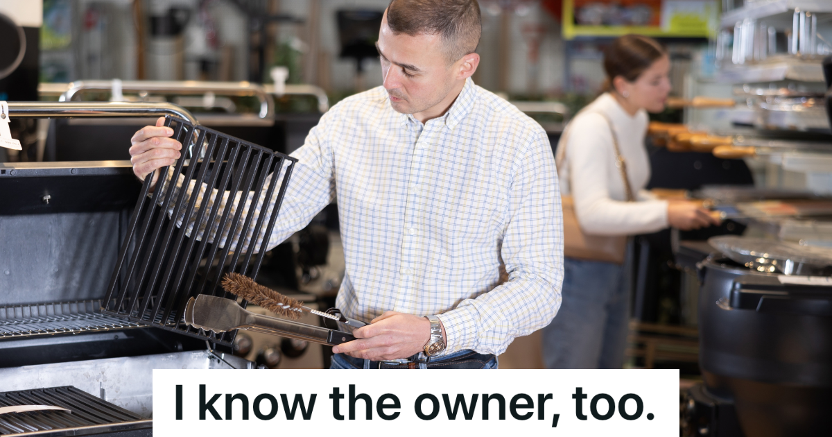 Customer Claims The Owner Said He Could Have A Discount On A BBQ, So The Employee Decides To Call The Owner man looking at a grill at a store