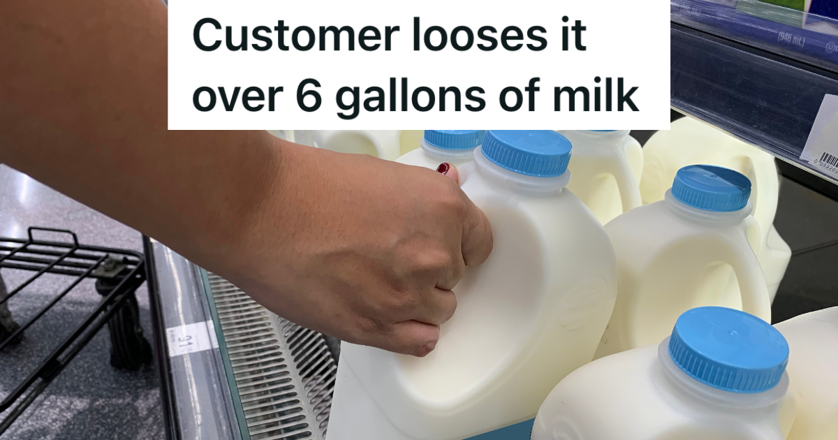 Customer Wants To Buy Six Gallons Of Milk, But Theres Currently A Limit Of Four Gallons Per Customer closeup of man's hand reaching for a gallon of milk
