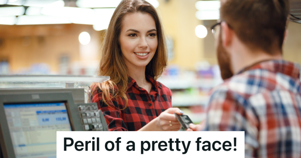 pretty young woman handing credit card to cashier