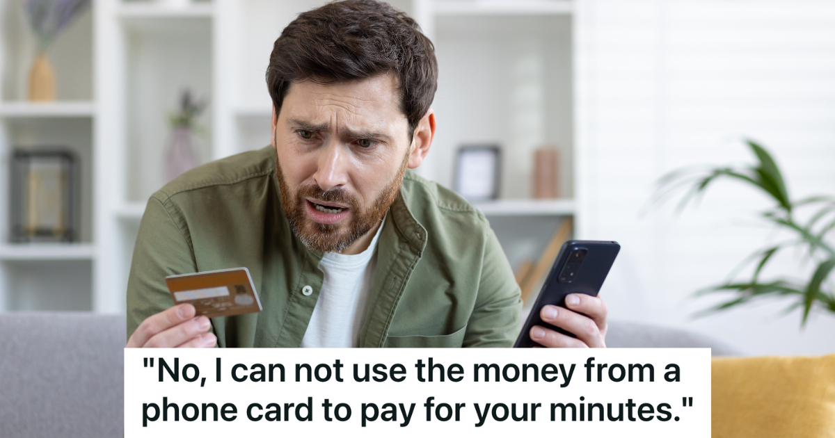 frustrated man holding a phone and a card