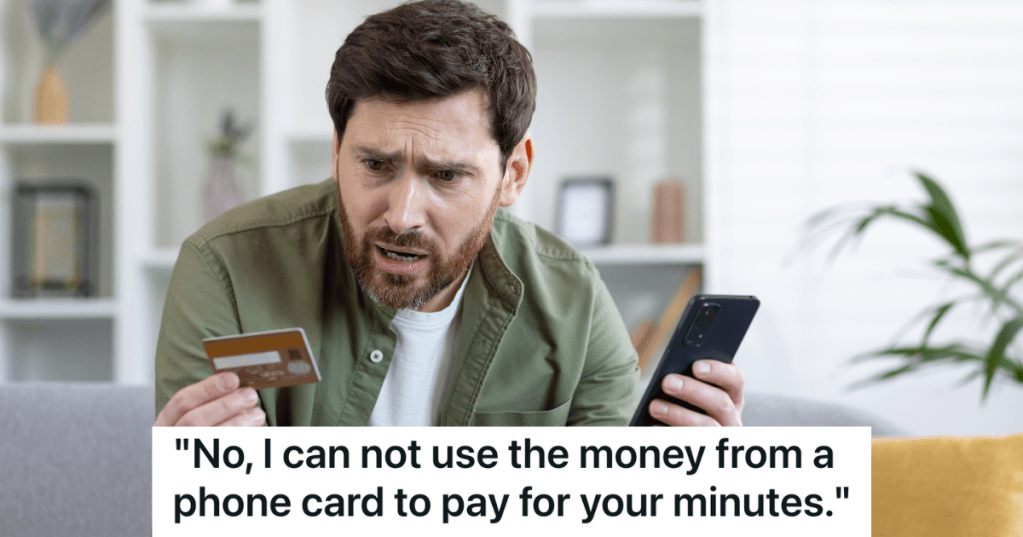 frustrated man holding a phone and a card