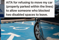 One Car Takes Up Two Disabled Parking Spots, But A Disabled Person Squeezes Into The Parking Spot Anyway