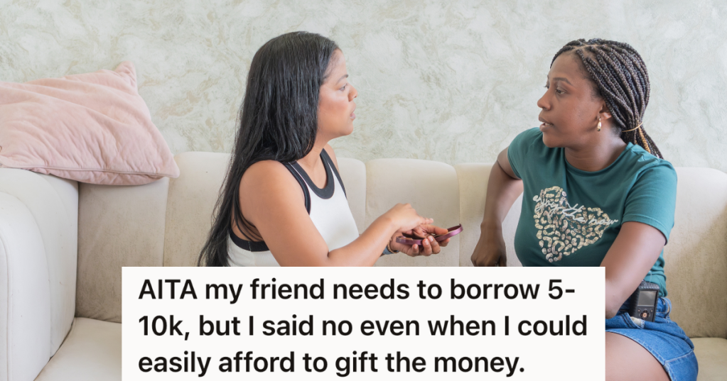 two women sitting on a couch talking