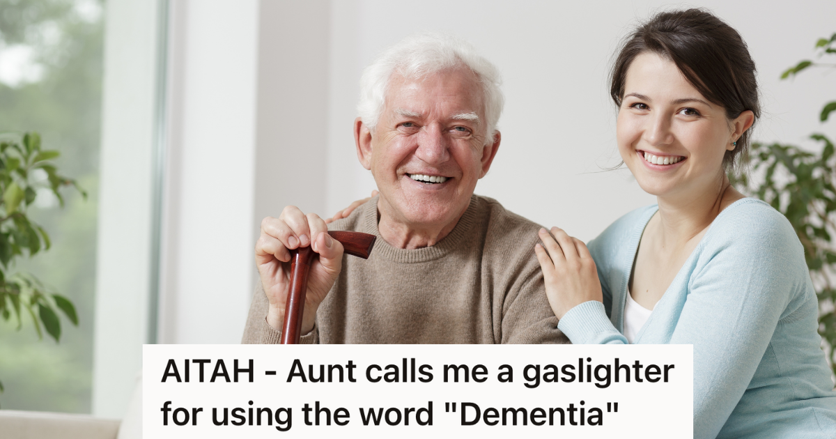 young woman sitting next to older man with cane