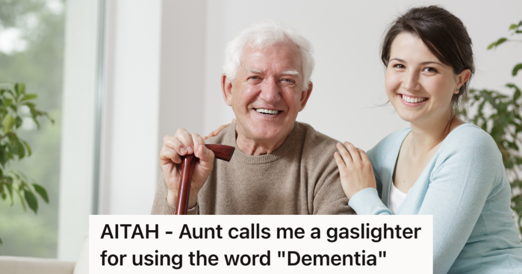 young woman sitting next to older man with cane