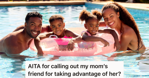 mom, dad and two kids posing for picture in swimming pool