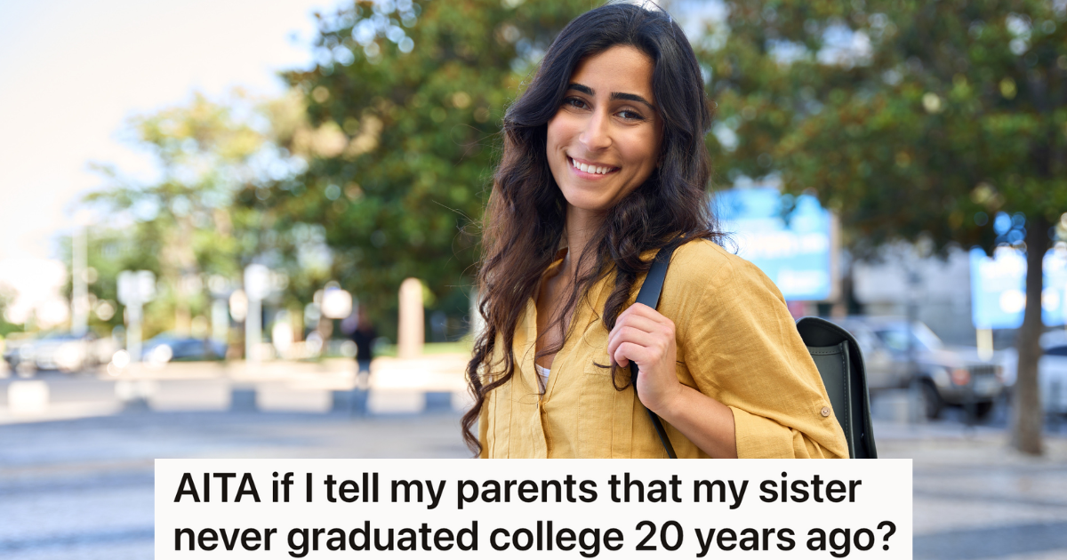 Her Sister Dropped Out Of College, And She Promised Not To Tell Their Parents. But 20 Years Later, She Wants To Tell Them The Truth. woman standing in parking lot with a backpack