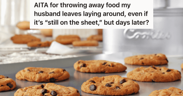 freshly baked chocolate chip cookies on messy counter