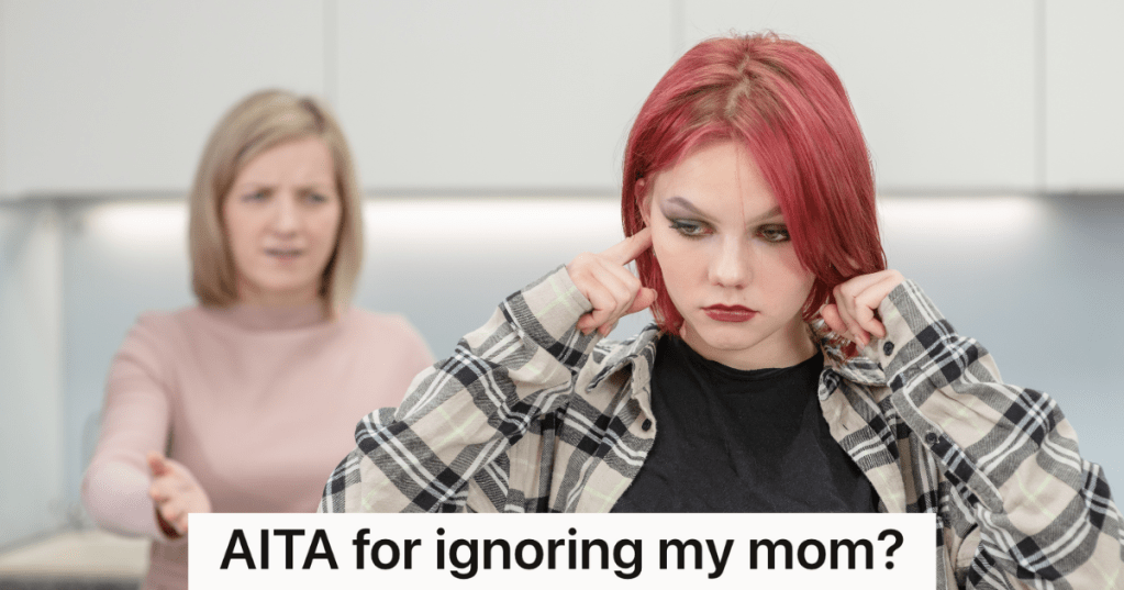 teenage girl plugging her ears with her fingers to ignore her mom