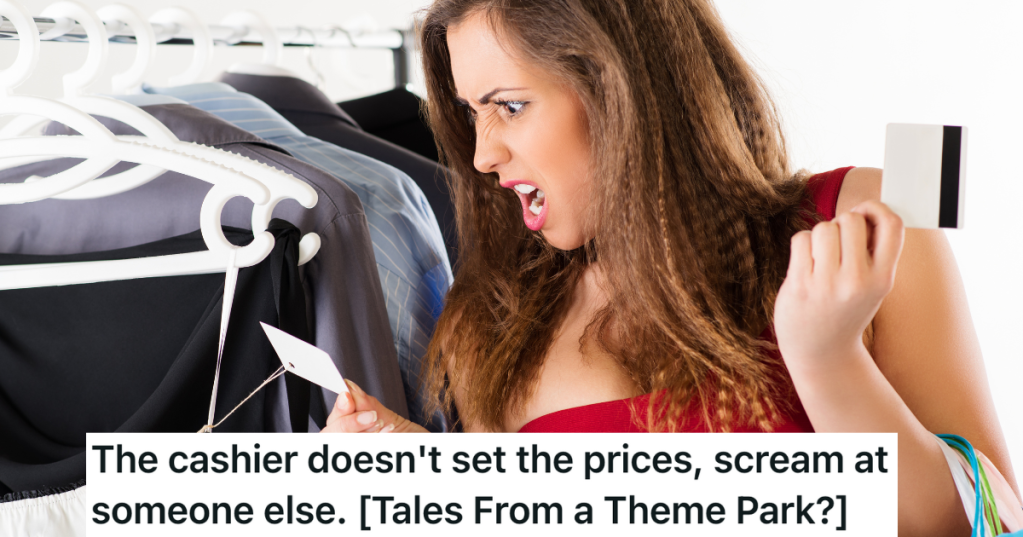 woman looking at price tag in disgust