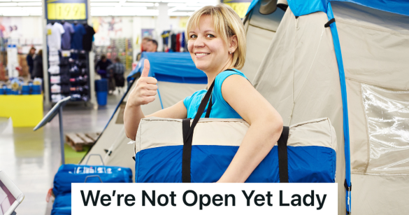 woman picking up tent in a store