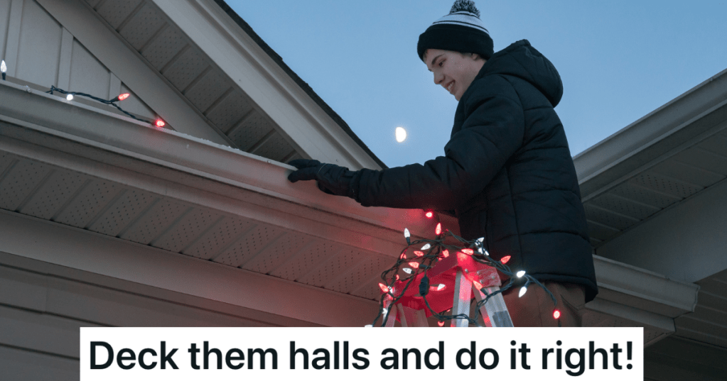 man standing on ladder hanging Christmas lights on house