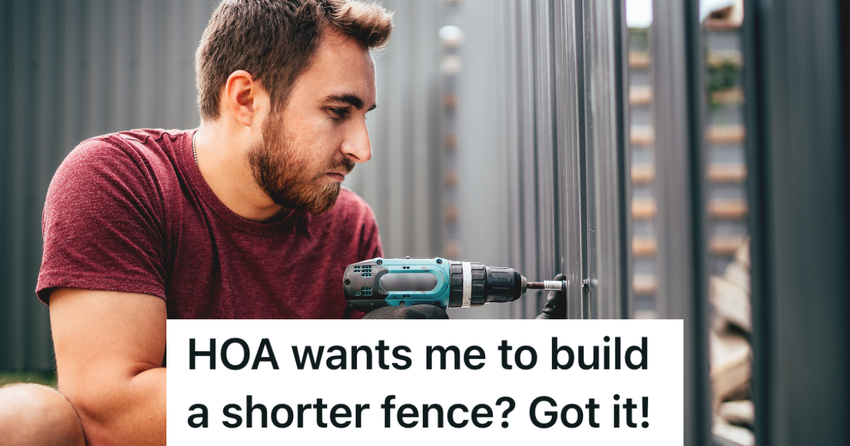 man using electric screwdriver to install metal fence