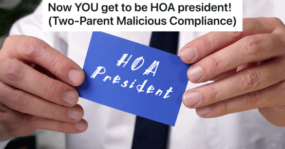 man in white shirt and tie holding blue card that reads "HOA President"