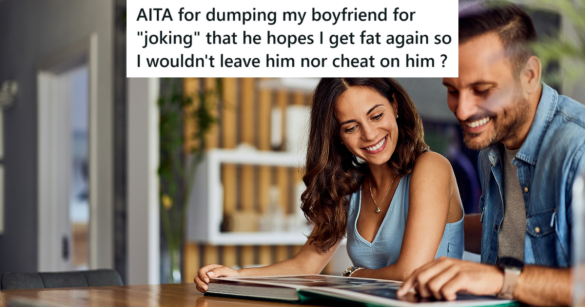 smiling couple looking at photo album