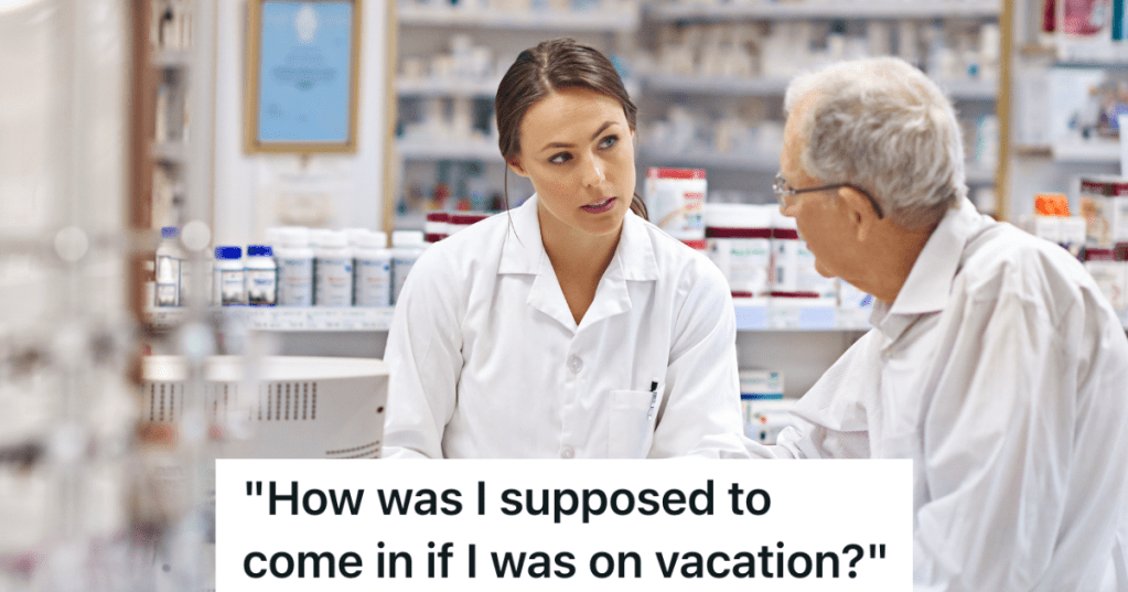 old man talking to female employee at pharmacy