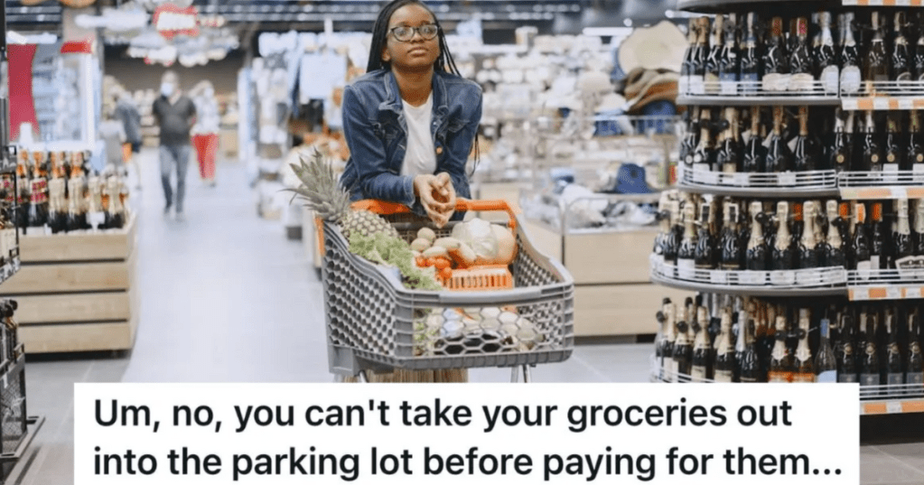 Woman in grocery store pushing a cart full of items