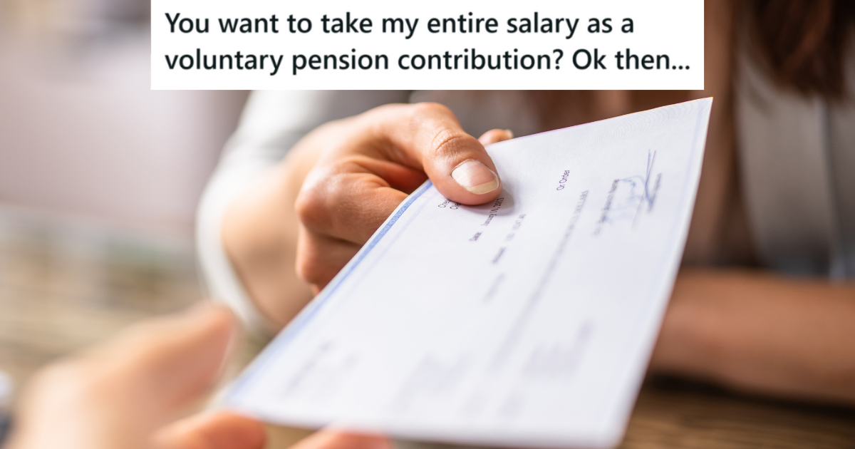 Company Opted Employee Into Pension Contribution Without Their Approval, So Years Later, Theyve Still Refused To Accept A Pension Payment woman handing another person a check