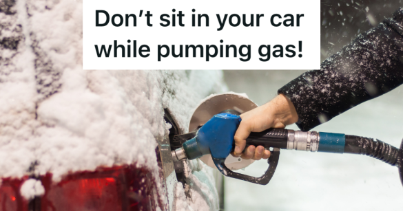 pumping gas at a gas station in the winter