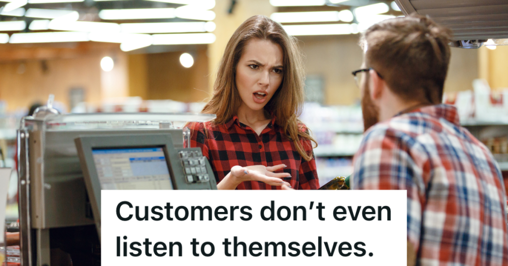 female customer upset at male cashier