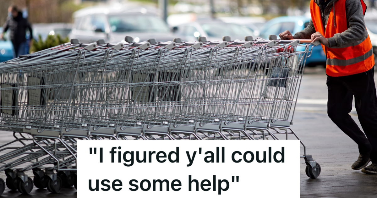 employee in reflective orange vest pushing shopping carts in parking lot