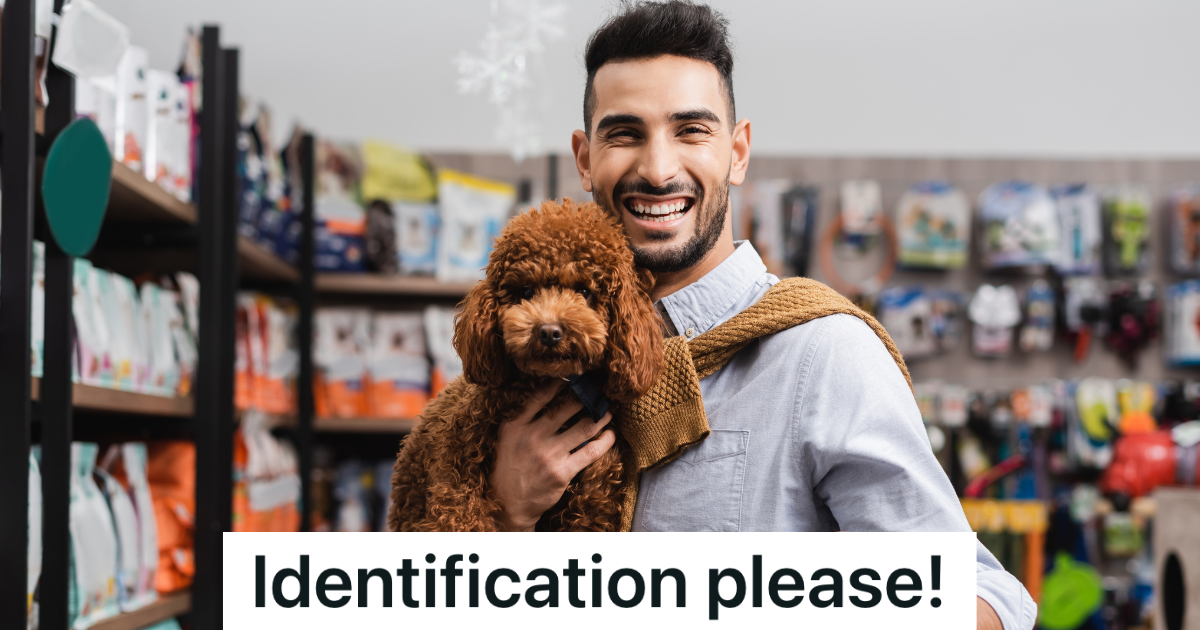 smiling man holding brown dog at pet store