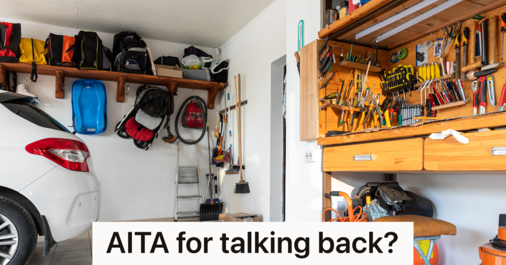 residential garage with white car and workbench with tools