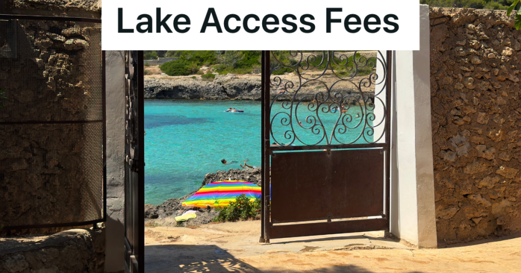 metal gate leading to a lake and beach